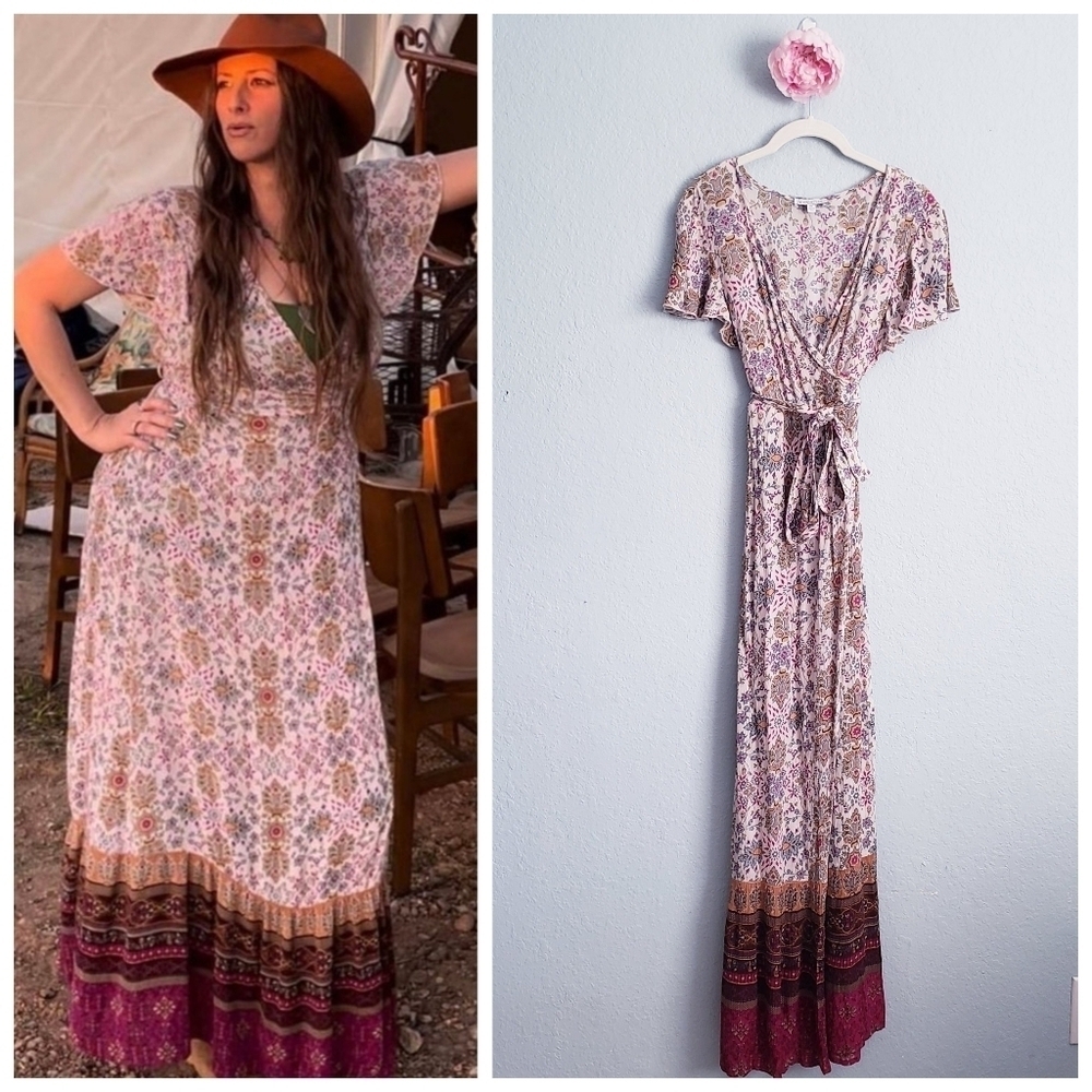 Patrons Of Peace Bohemian Floral Border Print Wrap Maxi Dress